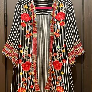 Savanna Jane Black and White Striped Tunic with Multicolored Floral Embroidery